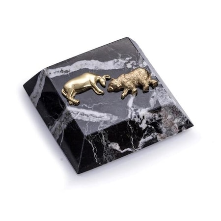 Fixturesfirst International  Black Zebra Marble Paperweight with Antique Gold Plated Stock Market Emblem FI1319571